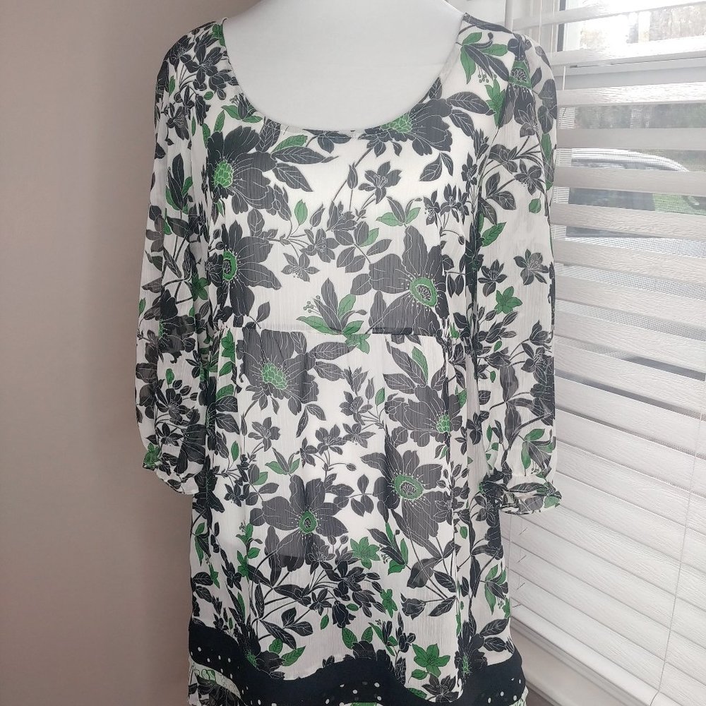 NWOT Anthropologie Fei Dress Size: L,  Black Green Floral Sheer Dress